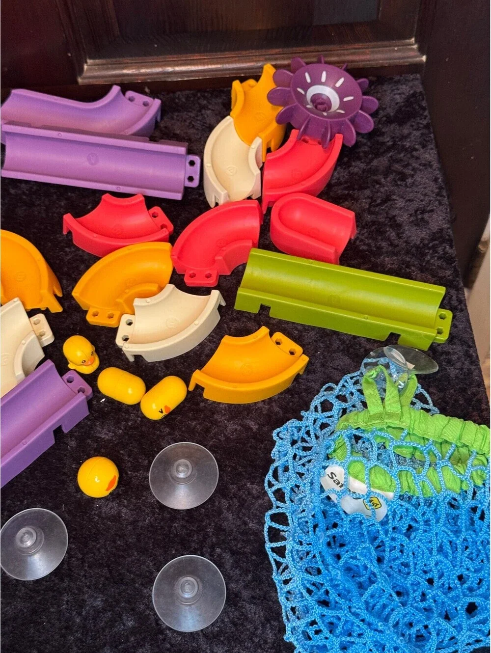 Colorful Modular Plastic Bath Track Pieces with Suction Cups and Duck Figures
